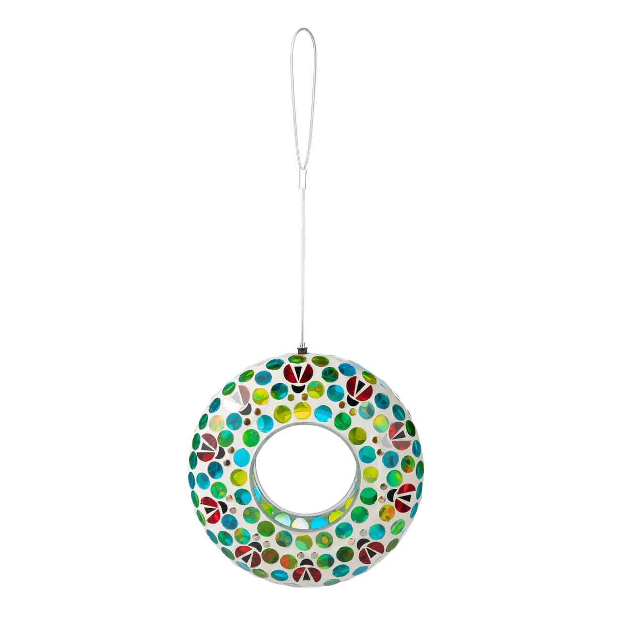 Glitzhome® 8" Glass Round Hanging Dots & Ladybugs Multi-Color Mosaic Birdfeeder